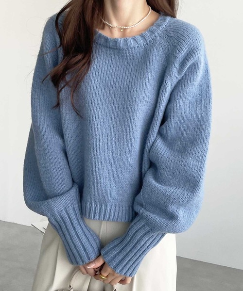 GeeRA（ジーラ）の「ボリュームスリーブカラーショート丈ニット（ニット/セーター・レディース・ブルー/グレー/アイボリー/ピンク/ベージュ/イエロー・SMALL/X-LARGE/MEDIUM/LARGE）」の8枚目の写真