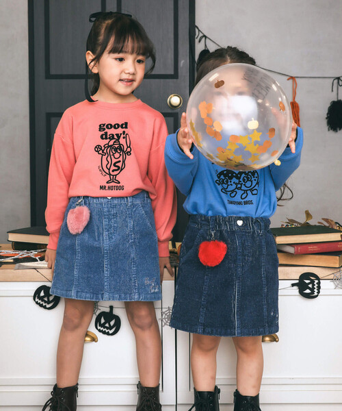 SLAP SLIP（スラップスリップ）の「【お揃い】ハートチャーム付きデニムコールテン台形スカート(90~130cm)（デニムスカート・キッズ・ネイビー/ブルー・110cm/100cm/130cm/120cm/90cm）」の7枚目の写真