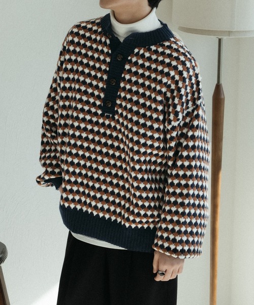 epnok(エプノック)の「キーネック総柄ニット(ニット/セーター・メンズ・ブラック/ネイビー/ブルー・MEDIUM/SMALL/LARGE)」の14枚目の写真
