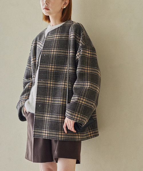 JOURNAL STANDARD（ジャーナルスタンダード）の「《追加2》スーパー140ビーバーノーカラーショートコート（ノーカラーコート・レディース・ベージュ系その他/ブラック/ブラック系その他/チョコ・36/34/38）」の13枚目の写真