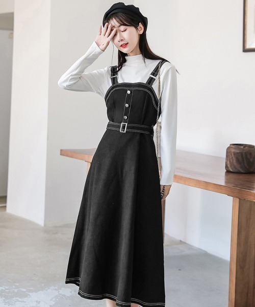 Miniministore(ミニミニストア)の「ジャンパースカート サロペットワンピース(ワンピース・レディース・ブラック/ベージュ・L/M)」の2枚目の写真