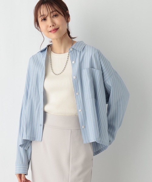 GLOBAL WORK（グローバルワーク）の「365日マイスタイルクロップドシャツ/987172（シャツ/ブラウス・レディース・オフホワイト/ストライプ/ホワイト系その他/ブルー系その他7/ライトブルー/イエロー・FREE）」の4枚目の写真