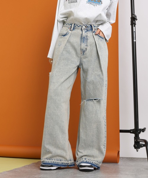 RAGEBLUE（レイジブルー）の「2size展開/ケミカル加工フラワー刺繍/ダメージタックDABOワイドデニム（デニムパンツ・レディース・ライトブルー/サックスブルー/ケミカルウォッシュ/ライトブラウン/ブルー系その他・SMALL/MEDIUM）」の10枚目の写真