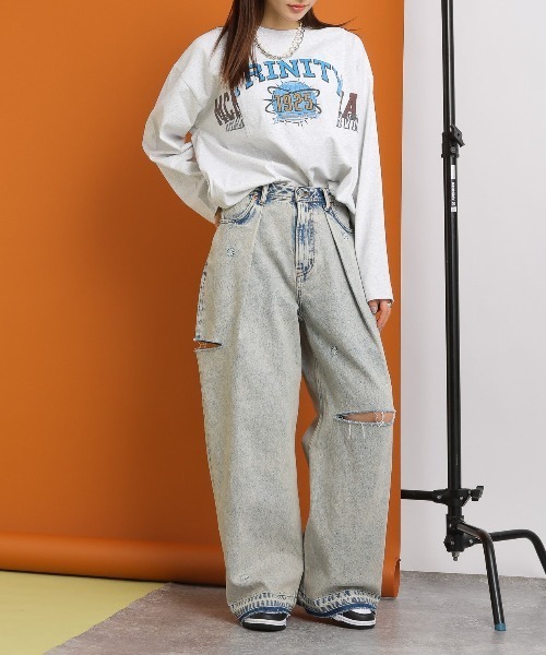 RAGEBLUE（レイジブルー）の「2size展開/ケミカル加工フラワー刺繍/ダメージタックDABOワイドデニム（デニムパンツ・レディース・ライトブルー/サックスブルー/ケミカルウォッシュ/ライトブラウン/ブルー系その他・SMALL/MEDIUM）」の20枚目の写真