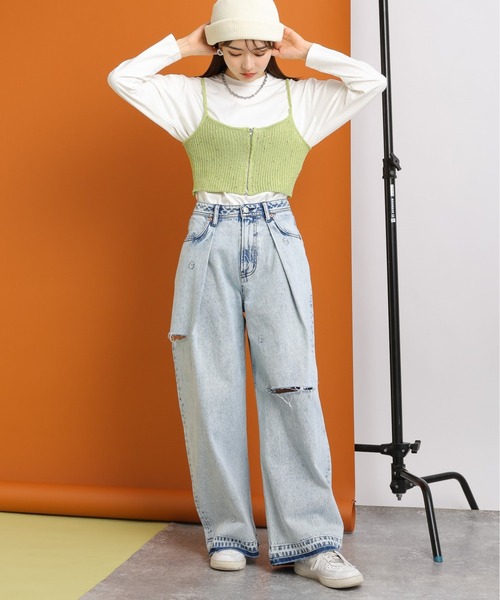 RAGEBLUE（レイジブルー）の「2size展開/ケミカル加工フラワー刺繍/ダメージタックDABOワイドデニム（デニムパンツ・レディース・ライトブルー/サックスブルー/ケミカルウォッシュ/ライトブラウン/ブルー系その他・SMALL/MEDIUM）」の12枚目の写真