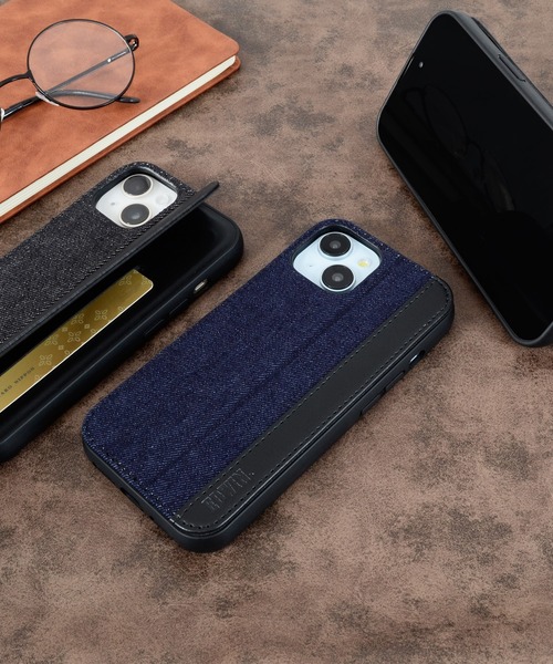 EDWIN（エドウィン）の「iPhone16 iPhone16Pro iPhone15 iPhone14 iPhone13 エドウィン [レザー調スタンドケース]（スマホケース/カバー・メンズ・ブラック/インディゴブルー・iPhone 15/iPhone 16/iPhone 16 Pro）」の2枚目の写真