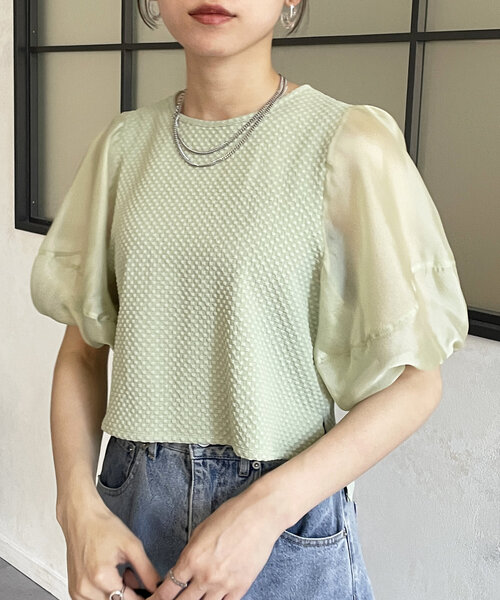 Thevon（ゼボン）の「袖シアージャガードプルオーバー（Tシャツ/カットソー・レディース・オフホワイト/ブラック/グリーン系その他・FREE）」の3枚目の写真