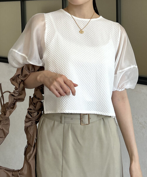 Thevon（ゼボン）の「袖シアージャガードプルオーバー（Tシャツ/カットソー・レディース・オフホワイト/ブラック/グリーン系その他・FREE）」の7枚目の写真