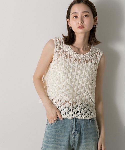 ad thie(アドティエ)の「ノースリーブ メッシュニット(Tシャツ/カットソー・レディース・アイボリー/グレー・FREE)」の17枚目の写真