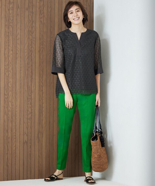 【まつ】センソiocommeio■新品■オリーブグリーン グレーブラウス ジオメトリックフラワーレースプルオーバー ブラウス（シャツ