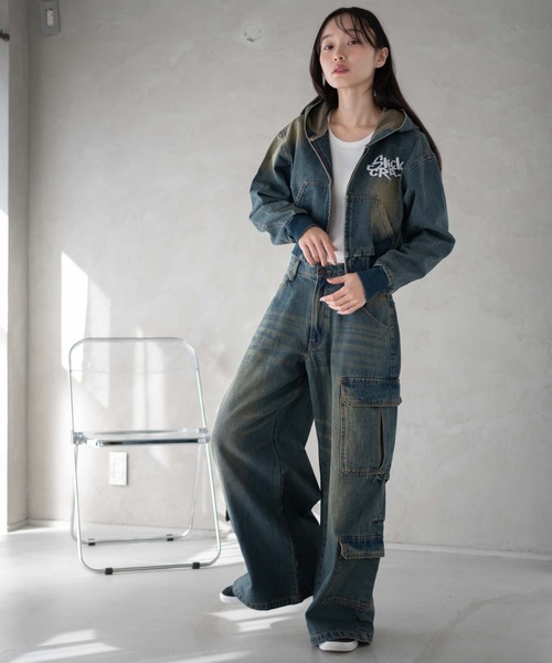 WEGO（ウィゴー）の「WEGO/ヴィンテージウォッシュバギーカーゴパンツ（カーゴパンツ・レディース・コバルトブルー/ブラック・MEDIUM/SMALL）」の8枚目の写真