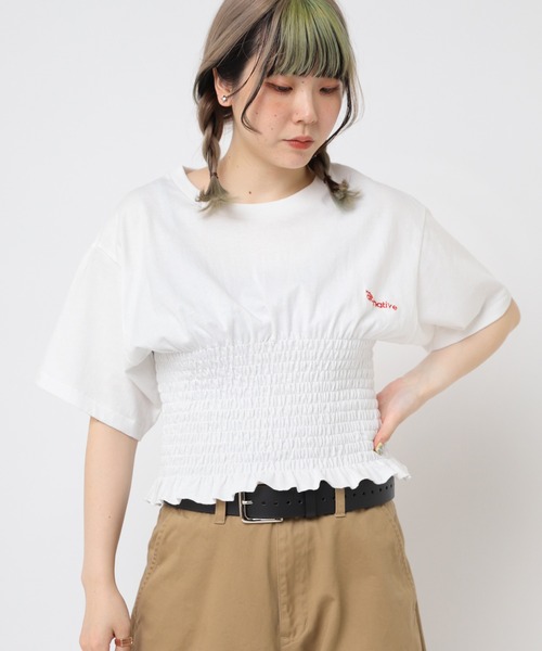 RNA(アールエヌエー)の「M2375 シャーリングデザインT(Tシャツ/カットソー・レディース・イエロー/ホワイト/ブルー・MEDIUM)」の4枚目の写真