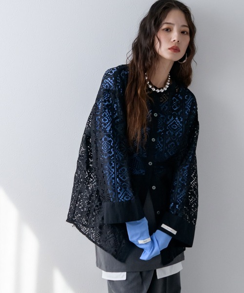 フォルテ　フォルテ◆ パッチワークレース オーバーサイズシャツ　レース　M フォルテ フォルテ◇ パッチワークレース オーバーサイズシャツ