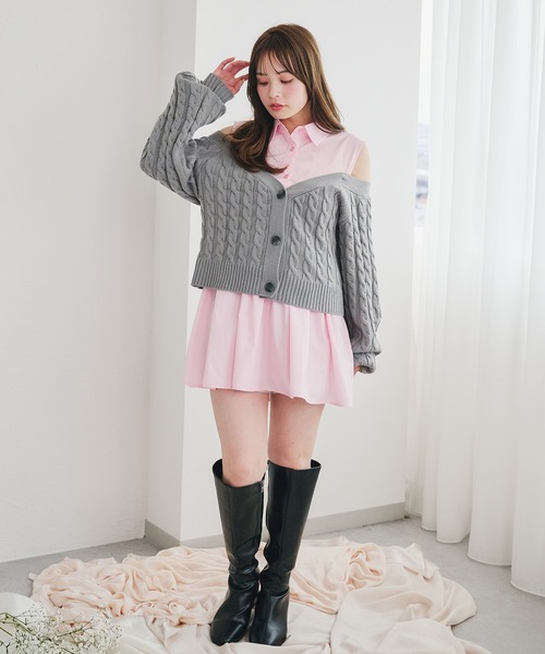 カーディガン cable knit docking shirt onepiece / ケーブルニットドッキングシャツワンピース レディース cable knit docking shirt onepiece / ケーブルニットドッキング