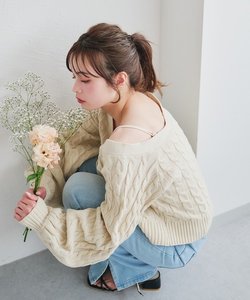 fupel（フぺル）の「cable knit docking shirt onepiece / ケーブルニットドッキングシャツワンピース（カーディガン/ボレロ・レディース・ピンク系その他/アイボリー・FREE）」の4枚目の写真