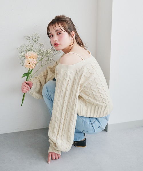 fupel（フぺル）の「cable knit docking shirt onepiece / ケーブルニットドッキングシャツワンピース（カーディガン/ボレロ・レディース・ピンク系その他/アイボリー・FREE）」の5枚目の写真