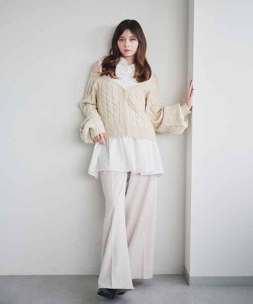 カーディガン cable knit docking shirt onepiece / ケーブルニットドッキングシャツワンピース レディース cable knit docking shirt onepiece / ケーブルニットドッキング