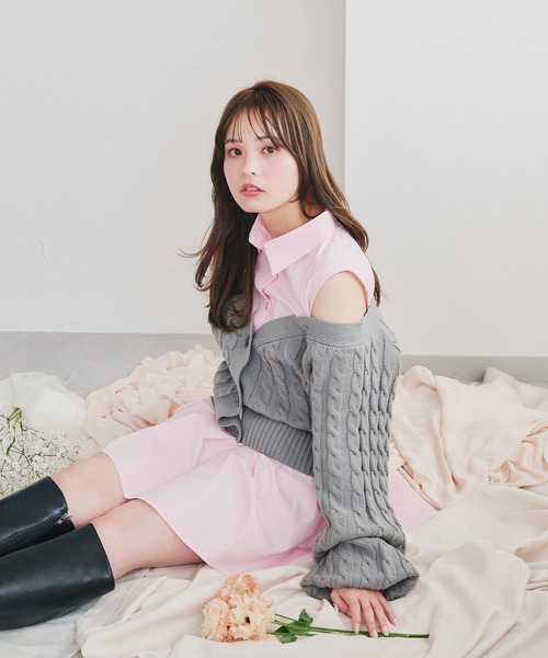 カーディガン cable knit docking shirt onepiece / ケーブルニットドッキングシャツワンピース レディース cable knit docking shirt onepiece / ケーブルニットドッキング