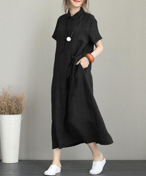 SallyLunn(サリーラン)の「【抜け感のある大人スタイル】ロングシャツワンピース(シャツワンピース・レディース・ブラック/カーキ/チャコールグレー・MEDIUM/LARGE)」の1枚目の写真