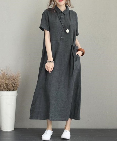 SallyLunn(サリーラン)の「【抜け感のある大人スタイル】ロングシャツワンピース(シャツワンピース・レディース・ブラック/カーキ/チャコールグレー・MEDIUM/LARGE)」の4枚目の写真