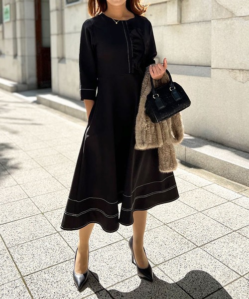 フリルステッチワンピース【低身長・小柄女性向け】（ワンピース