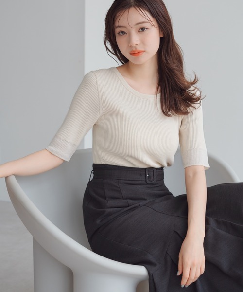 MISCH MASCH(ミッシュマッシュ)の「袖配色シアーリブニット(ニット/セーター・レディース・ブラック/ブルー/ホワイト/ベージュ・フリ-)」の7枚目の写真