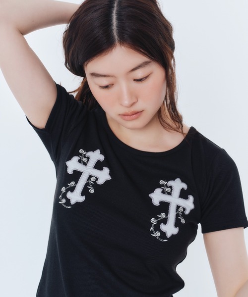 25/26秋冬★ロゴマーク×M字パッチ付きTシャツ【各色】 ロゴパッチワークプリント天竺Tシャツ(100~160cm)(100cm