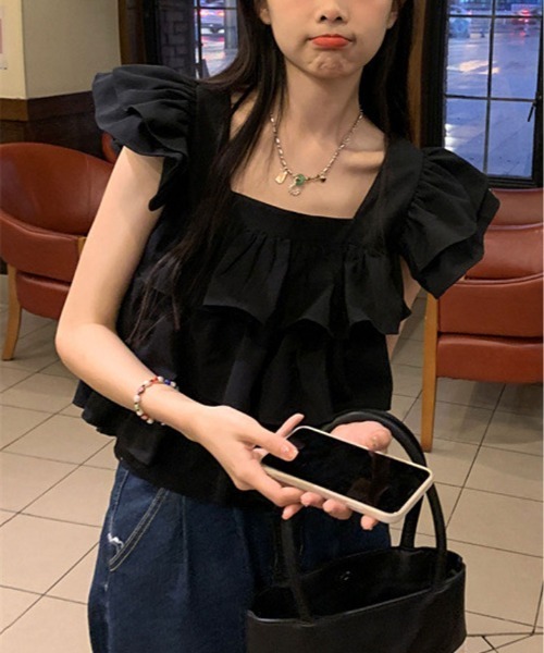 tシャツ フリルティアードシャツブラウス レディース Fashion Letter tシャツ ティアードフリル袖 ブラウスTシャツ