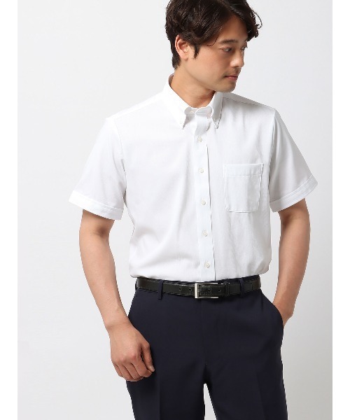 SUIT SQUARE（スーツスクエア）の「最高シャツ 半袖ワイシャツ ノンアイロンストレッチ ボタンダウンカラー BASIC ドレスシャツ（ビジネスシャツ・メンズ・ネイビー系/ブルー系2/ブルー系1/ホワイト系・S/M/L/LL）」の2枚目の写真