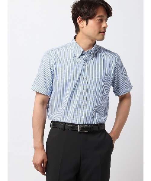 SUIT SQUARE（スーツスクエア）の「最高シャツ 半袖ワイシャツ ノンアイロンストレッチ ボタンダウンカラー BASIC ドレスシャツ（ビジネスシャツ・メンズ・ネイビー系/ブルー系2/ブルー系1/ホワイト系・S/M/L/LL）」の3枚目の写真