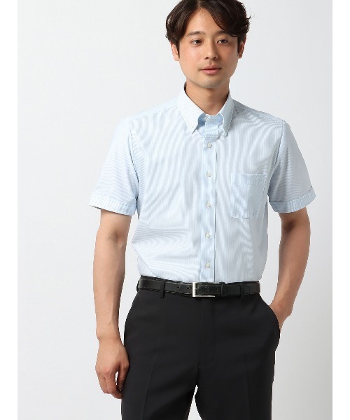 SUIT SQUARE（スーツスクエア）の「最高シャツ 半袖ワイシャツ ノンアイロンストレッチ ボタンダウンカラー BASIC ドレスシャツ（ビジネスシャツ・メンズ・ネイビー系/ブルー系2/ブルー系1/ホワイト系・S/M/L/LL）」の4枚目の写真