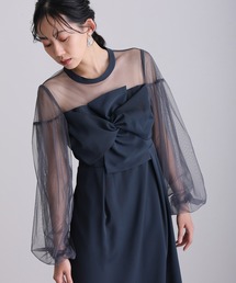 ミモレ丈&袖あり フォーマル パフスリーブ立体リボンビスチェ シアー素材セレモニー 結婚式 二次会 パーティー ドレス オケージョンドレス 同窓会 成人式 お呼ばれ 謝恩会 20代 30代