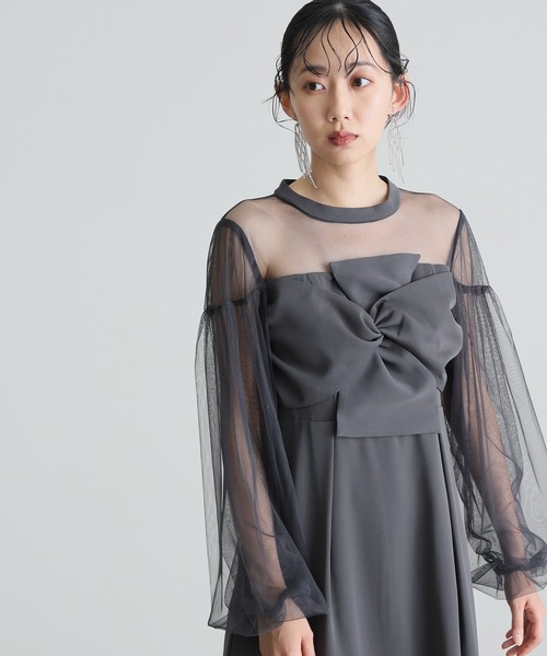 ミモレ丈&袖ありフォーマルパフスリーブ立体リボンビスチェ