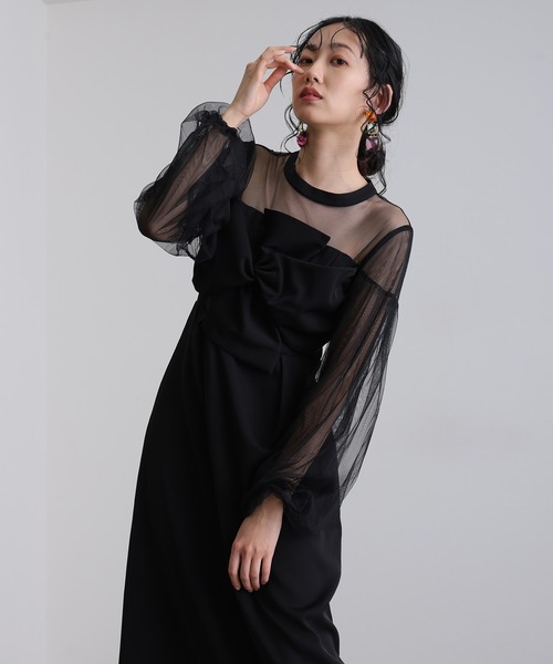 atlo(アトロ)の「ミモレ丈&袖あり フォーマル パフスリーブ立体リボンビスチェ シアー素材セレモニー 結婚式 二次会 パーティー ドレス オケージョンドレス 同窓会 成人式 お呼ばれ 謝恩会 20代 30代(ドレス・レディース・チャコール/ネイビー系/ブラック・M)」の18枚目の写真