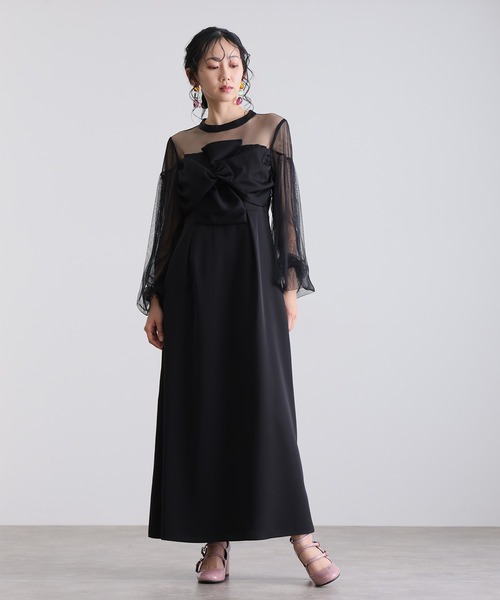 atlo(アトロ)の「ミモレ丈&袖あり フォーマル パフスリーブ立体リボンビスチェ シアー素材セレモニー 結婚式 二次会 パーティー ドレス オケージョンドレス 同窓会 成人式 お呼ばれ 謝恩会 20代 30代(ドレス・レディース・チャコール/ネイビー系/ブラック・M)」の19枚目の写真