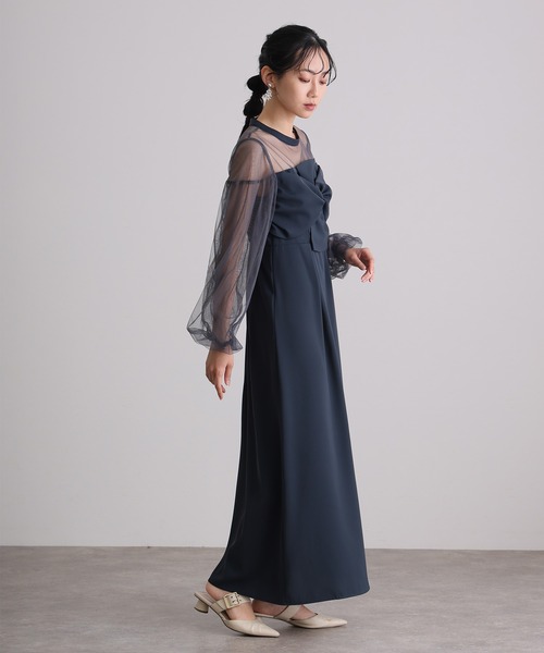 atlo(アトロ)の「ミモレ丈&袖あり フォーマル パフスリーブ立体リボンビスチェ シアー素材セレモニー 結婚式 二次会 パーティー ドレス オケージョンドレス 同窓会 成人式 お呼ばれ 謝恩会 20代 30代(ドレス・レディース・チャコール/ネイビー系/ブラック・M)」の6枚目の写真