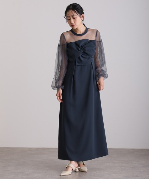 atlo(アトロ)の「ミモレ丈&袖あり フォーマル パフスリーブ立体リボンビスチェ シアー素材セレモニー 結婚式 二次会 パーティー ドレス オケージョンドレス 同窓会 成人式 お呼ばれ 謝恩会 20代 30代(ドレス・レディース・チャコール/ネイビー系/ブラック・M)」の15枚目の写真