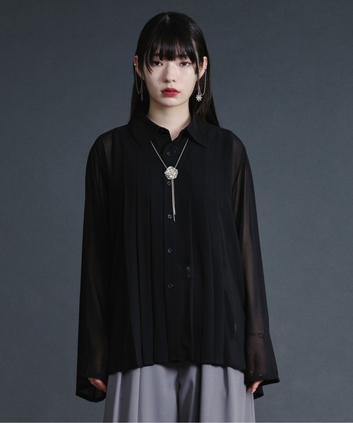 Misayoさんプロデュース ラクテロサロペット シアープリントシャツ2点セット コードスリーブプリーツシアーシャツ（シャツ/ブラウス）｜Ellno Loset