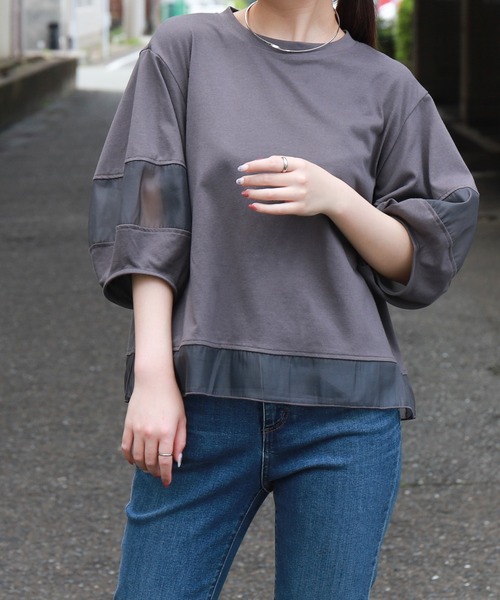 libelle more(リベル モア)の「オーガンジー切り替えランタンスリーブプルオーバー(Tシャツ/カットソー・レディース・ボルドー/ブラック/オフホワイト/チャコールグレー・L/M)」の3枚目の写真