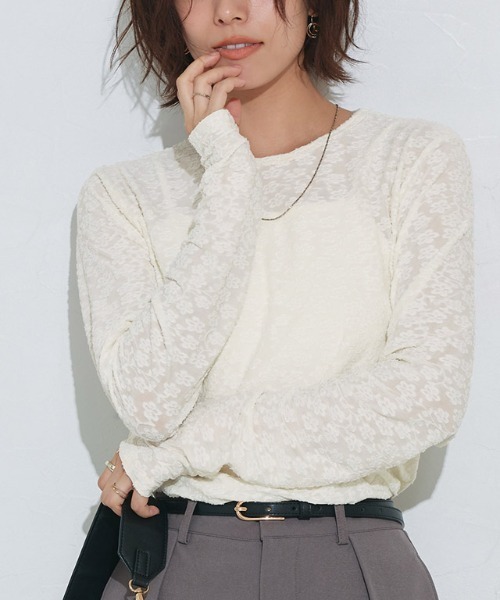 Pierrot(ピエロ)の「柄が選べるクルーネックロングスリーブシアーカットソー(Tシャツ/カットソー・レディース・アイボリー/ブルー系その他/ブラック/ホワイト系その他/シルバー/ブラック系その他2/ホワイト系その他2・L/M)」の1枚目の写真