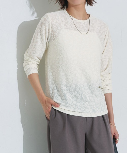 Pierrot(ピエロ)の「柄が選べるクルーネックロングスリーブシアーカットソー(Tシャツ/カットソー・レディース・アイボリー/ブルー系その他/ブラック/ホワイト系その他/シルバー/ブラック系その他2/ホワイト系その他2・L/M)」の14枚目の写真