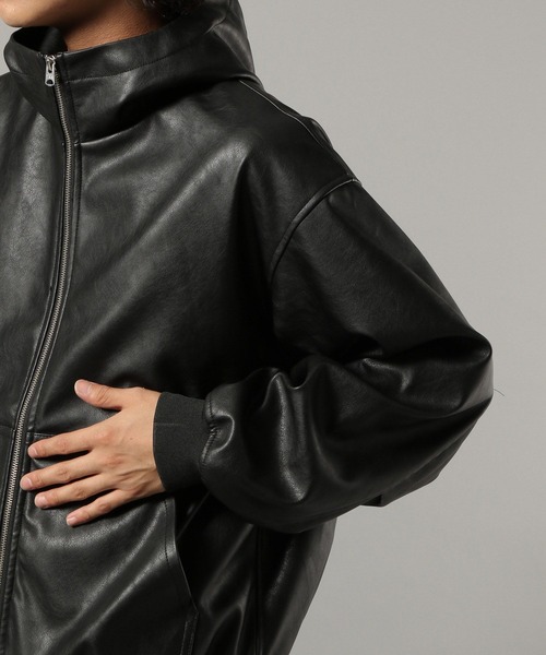 美品✨レザー ジャケット ジップアップパーカー セール】シンセティックレザー/ジップアップパーカー（ブルゾン