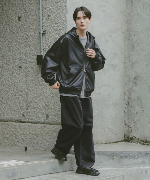 セール】シンセティックレザー/ジップアップパーカー（ブルゾン