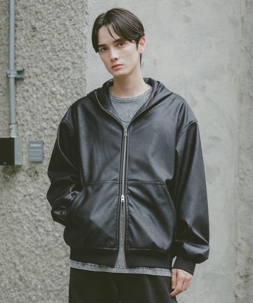 セール】シンセティックレザー/ジップアップパーカー（ブルゾン