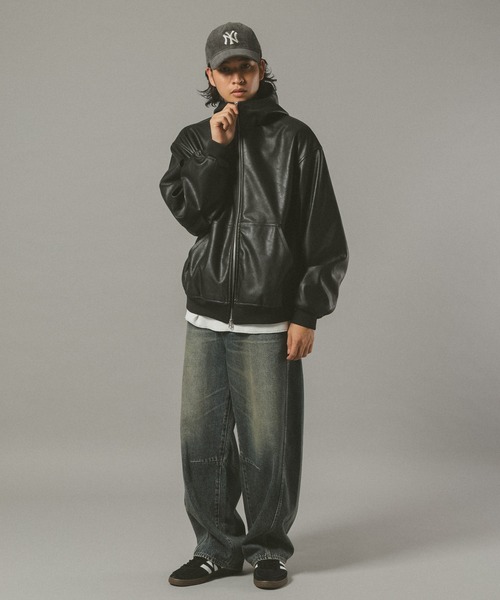 セール】シンセティックレザー/ジップアップパーカー（ブルゾン