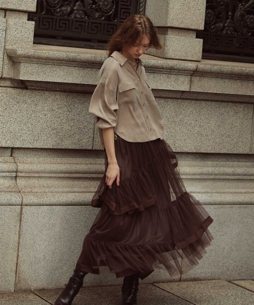 NOELA(ノエラ)の「チュールフリルスカート(スカート・レディース・オフホワイト/ピンク/ブラウン・S/M)」の12枚目の写真