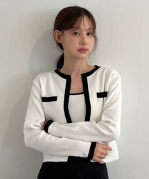 【着用動画あり・3色展開】配色クロップド ニットカーディガン セット(長袖Ver.)