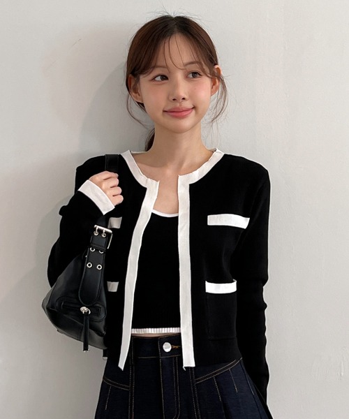 セール】【着用動画あり・3色展開】配色クロップド ニットカーディガン