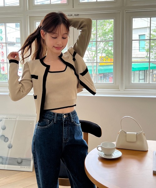 セール】【着用動画あり・3色展開】配色クロップド ニットカーディガン