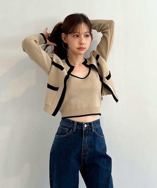 セール】【着用動画あり・3色展開】配色クロップド ニットカーディガン